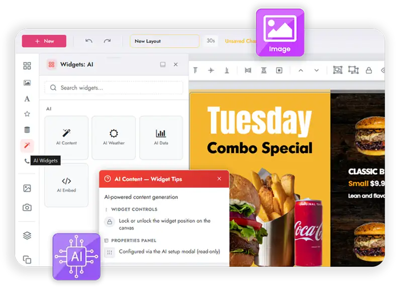 The AI widgets panel in the Layout Designer beside a restaurant combo special layout