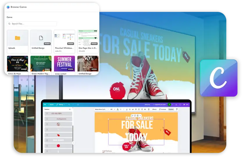 Browsing Canva designs from inside MediaTile and publishing a sneaker sale to a screen
