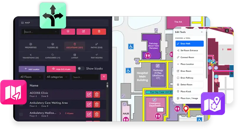 MediaTile wayfinding map editor beside an interactive hospital floor plan