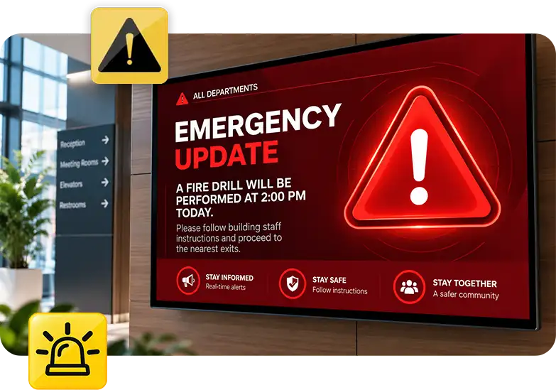 An emergency update announcing a fire drill on a lobby screen