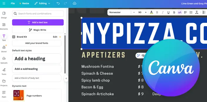 tableaux de menus Canva